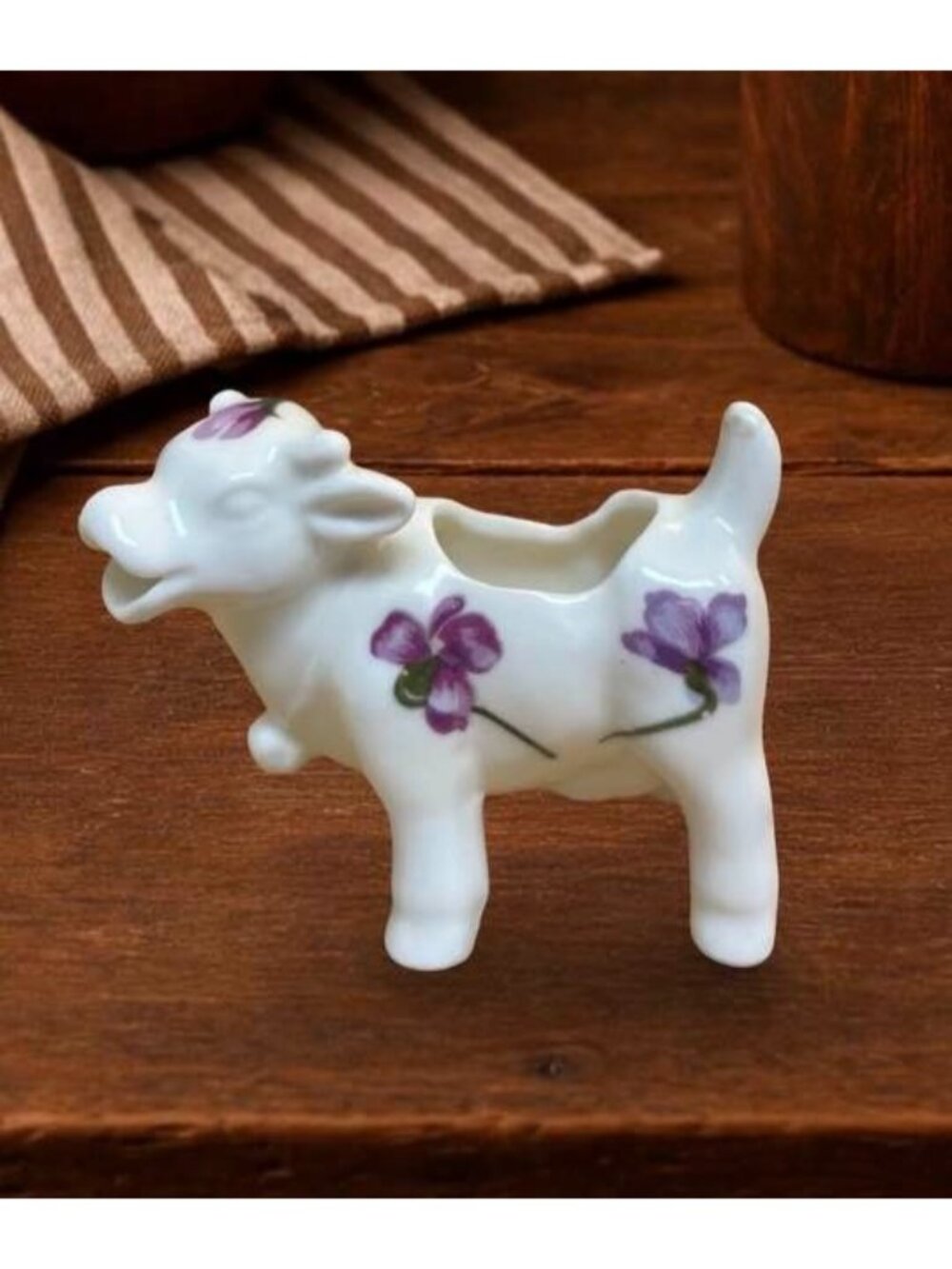 Vintage Cow Porcelain Creamer With Violets Floral Design Miniature Size Antique